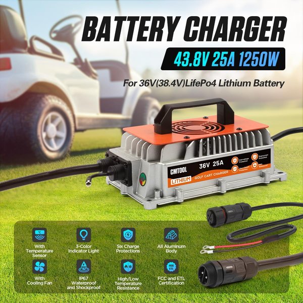 CMTOOL 36V 25A Lithium Battery Charger, IP67 Waterproof, 43.8V Output AC-DC | For 38.4V LiFePO4 Battery, 1250W Fast Charging, 6 Protection, LED Indicator, 16Ft Cable for 36V Golf Cart, Forklift, Boat