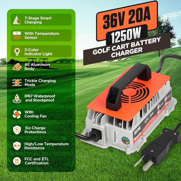 36 Volt Golf Cart Battery Charger, 36V 20A Charger for EZGO/Yamaha/Club Car | 1250W Fast Charging Golf Cart Charger for 36V Lead-Acid Battery, IP67 Waterproof, 6 Protection, 16Ft Cable, Crowfoot Plug