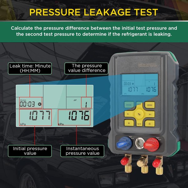 CMTOOL HVAC Digital Manifold Gauge Set, 92 Refrigerants, 2 Temp Clamps | 3 Hoses Refrigerant Gauge Set with Pressure and Temperature Testing for R134A,1234YF, R22, R12, R404A and R410A