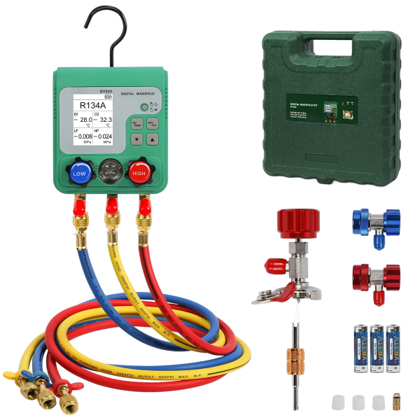 HVAC Digital Manifold Gauge Set, 92 Refrigerant, Dual Pressure&Vacuum Test | LCD Display Digital HVAC Gauges for R134A R22 R410A Refrigerant with 3 Hoses & 1/4" SAE Interface, AC Recharge Kit with Hook