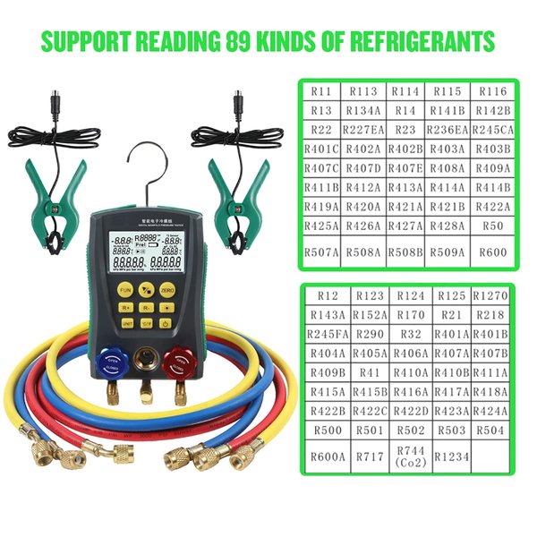CMTOOL Digital HVAC Gauges Set, 89 Refrigerants, 3 Hoses, 2 Temp Clamps | Digital Manifold Gauges Set HVAC Tools with Pressure and Temp Test for R134A 1234YF R22 R12 R404A R410A, etc