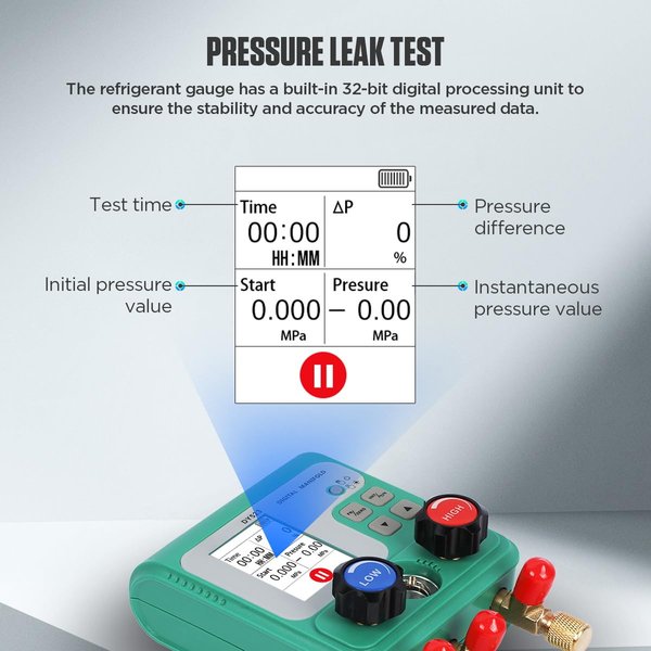 HVAC Digital Manifold Gauge Set, 92 Refrigerant, Dual Pressure&Vacuum Test | LCD Display Digital HVAC Gauges for R134A R22 R410A Refrigerant with 3 Hoses & 1/4" SAE Interface, AC Recharge Kit with Hook