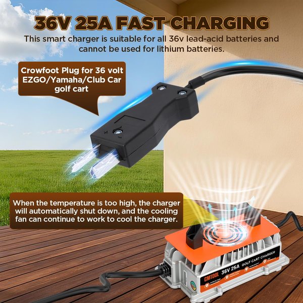 36Volt Golf Cart Battery Charger, 36V 25A Charger for EZGO/Yamaha/Club Car | 1250W Smart Fast Charging with Crowfoot Plug, IP67 Waterproof, 8 Protection, 16Ft Cable Charger for 36V Lead-Acid Batteries