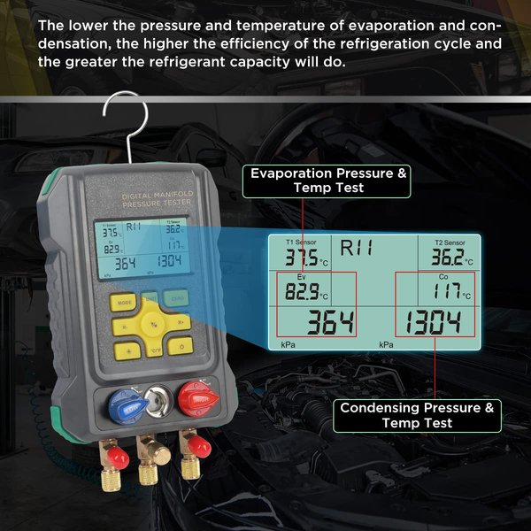 CMTOOL HVAC Digital Manifold Gauge Set, 92 Refrigerants, 2 Temp Clamps | 3 Hoses Refrigerant Gauge Set with Pressure and Temperature Testing for R134A,1234YF, R22, R12, R404A and R410A