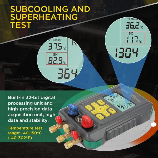CMTOOL HVAC Digital Manifold Gauge Set, 92 Refrigerants, 2 Temp Clamps | 3 Hoses Refrigerant Gauge Set with Pressure and Temperature Testing for R134A,1234YF, R22, R12, R404A and R410A