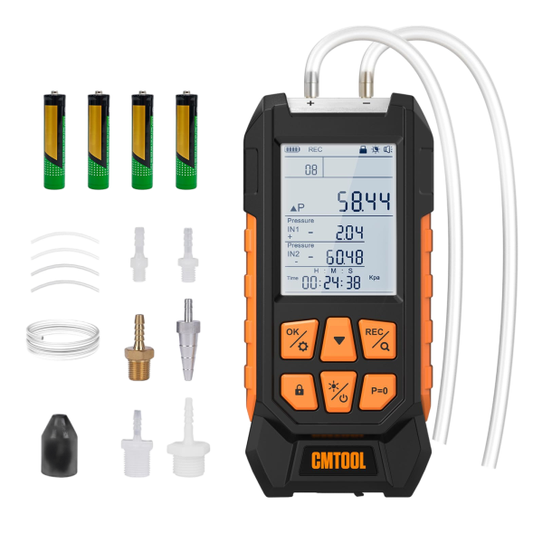 Manometer Gas Pressure Tester, -100 to 200Kpa Dual-Port Digital Manometer | 10 Units, 7 Adapters, HVAC Digital Pressure Gauge Tester with Data Lock, Zero & Storage, Backlight LCD Display & flashlight