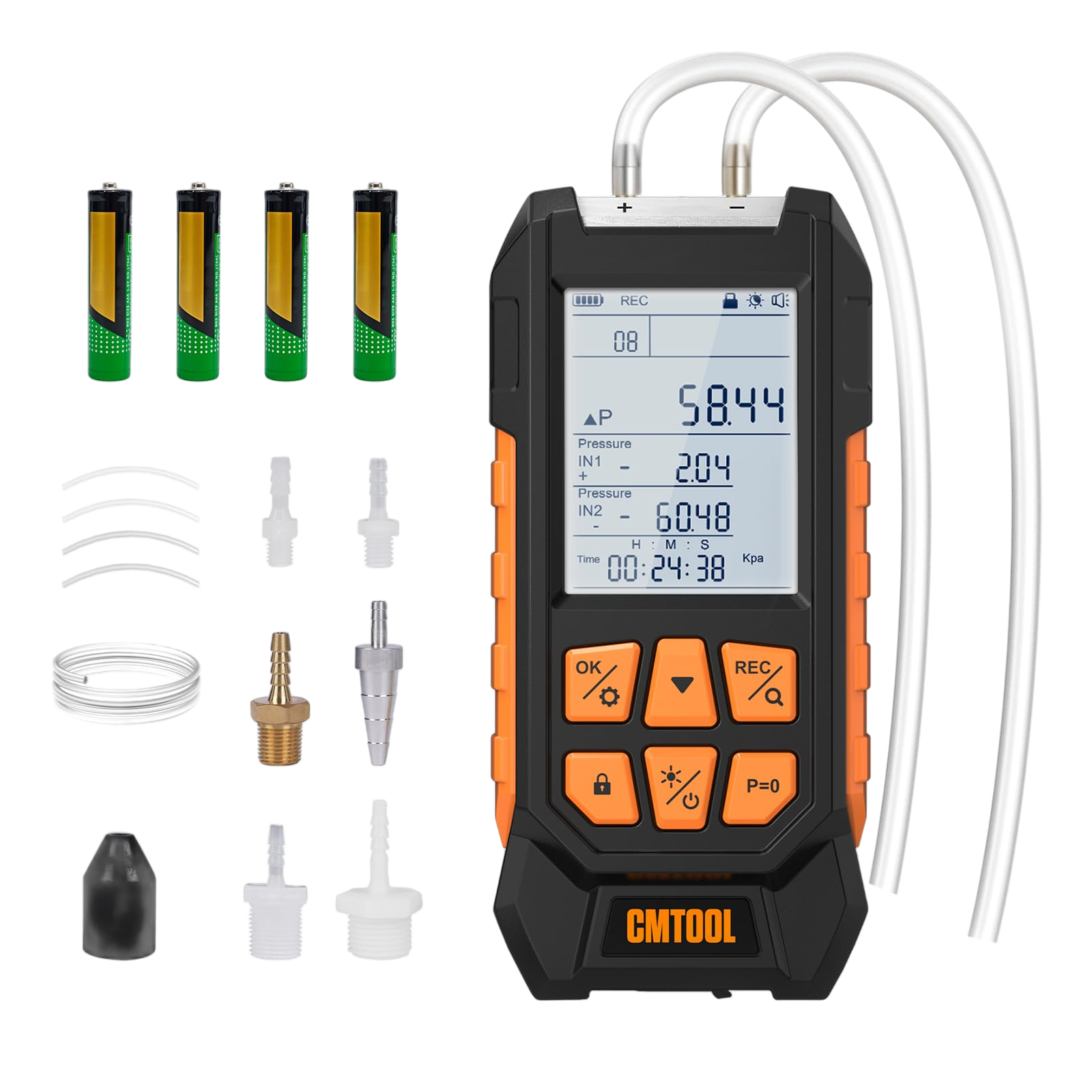 Manometer Gas Pressure Tester, -100 to 200Kpa Dual-Port Digital Manometer | 10 Units, 7 Adapters, HVAC Digital Pressure Gauge Tester with Data Lock, Zero & Storage, Backlight LCD Display & flashlight
