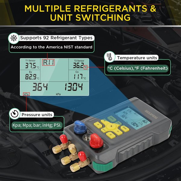 CMTOOL HVAC Digital Manifold Gauge Set, 92 Refrigerants, 2 Temp Clamps | 3 Hoses Refrigerant Gauge Set with Pressure and Temperature Testing for R134A,1234YF, R22, R12, R404A and R410A