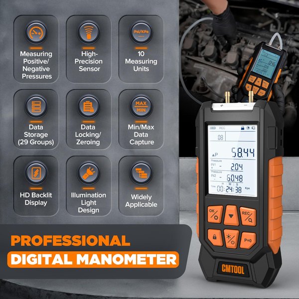 Manometer Gas Pressure Tester, -100 to 200Kpa Dual-Port Digital Manometer | 10 Units, 7 Adapters, HVAC Digital Pressure Gauge Tester with Data Lock, Zero & Storage, Backlight LCD Display & flashlight