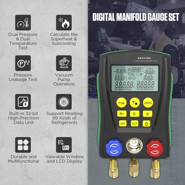 CMTOOL Digital HVAC Gauges Set, 89 Refrigerants, 3 Hoses, 2 Temp Clamps | Digital Manifold Gauges Set HVAC Tools with Pressure and Temp Test for R134A 1234YF R22 R12 R404A R410A, etc