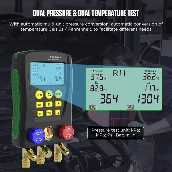 CMTOOL Digital HVAC Gauges Set, 89 Refrigerants, 3 Hoses, 2 Temp Clamps | Digital Manifold Gauges Set HVAC Tools with Pressure and Temp Test for R134A 1234YF R22 R12 R404A R410A, etc