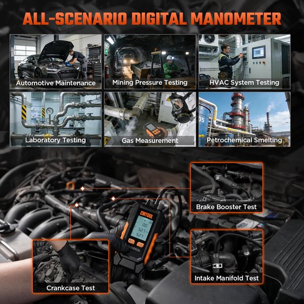 CMTOOL -101 to 200 kPa Dual-Port Digital Manometer with 6 Units & 7 Adapters