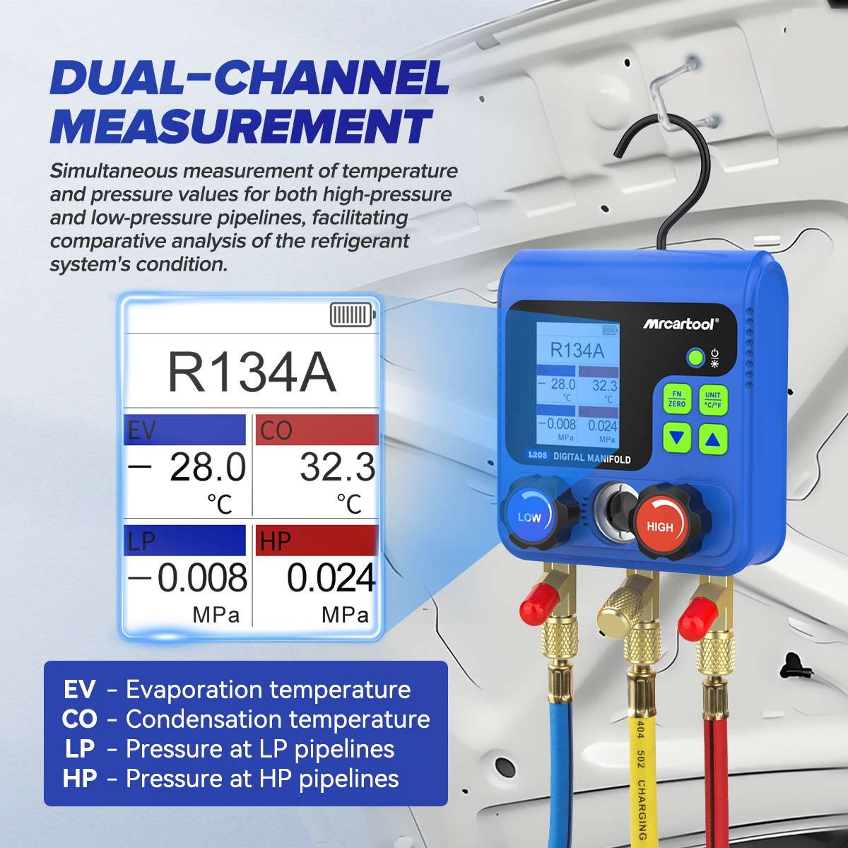 MRCARTOOL L205 screen showing evaporation and condensation temperatures and low- and high-side pressures for R134A