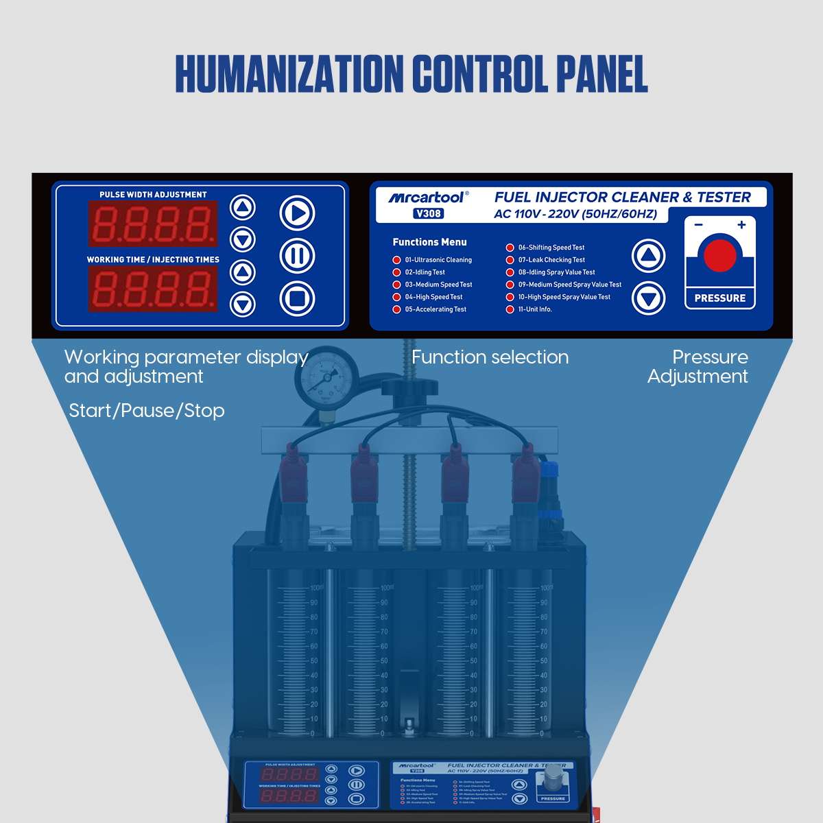 MRCARTOOL V308 control panel with function menu and pressure knob