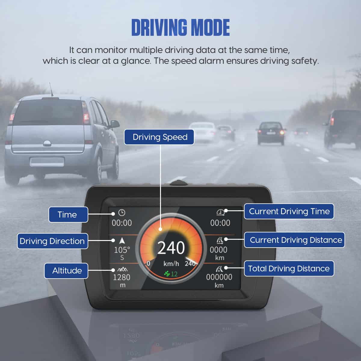 M85 driving mode with speed, time, direction, altitude and distance