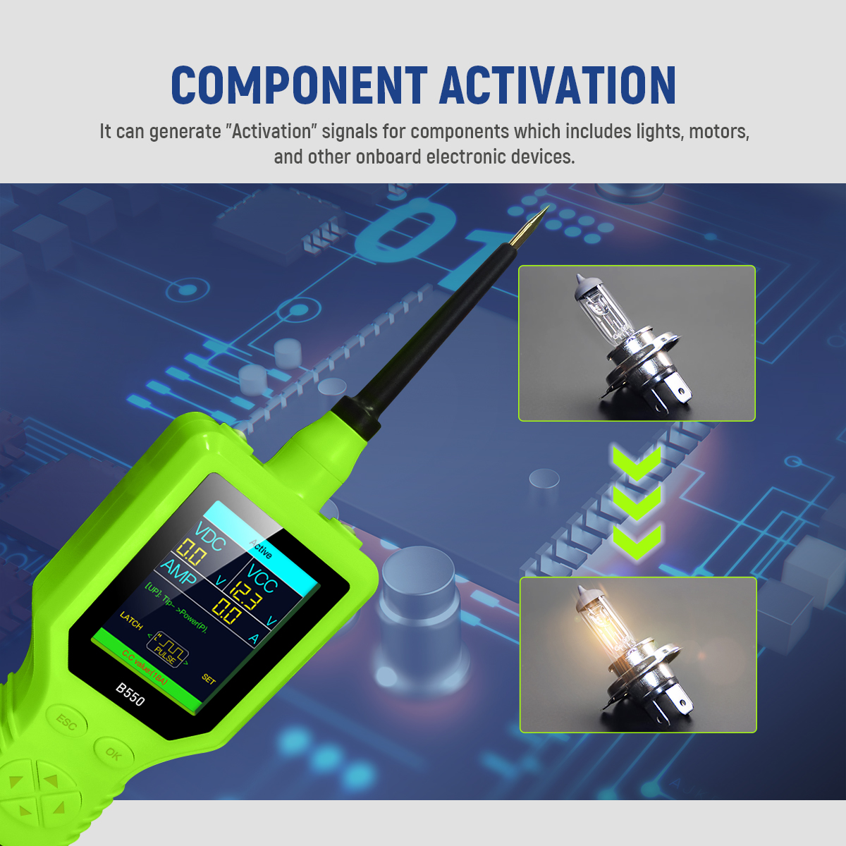 MRCARTOOL B550 activating a headlamp bulb in component activation mode