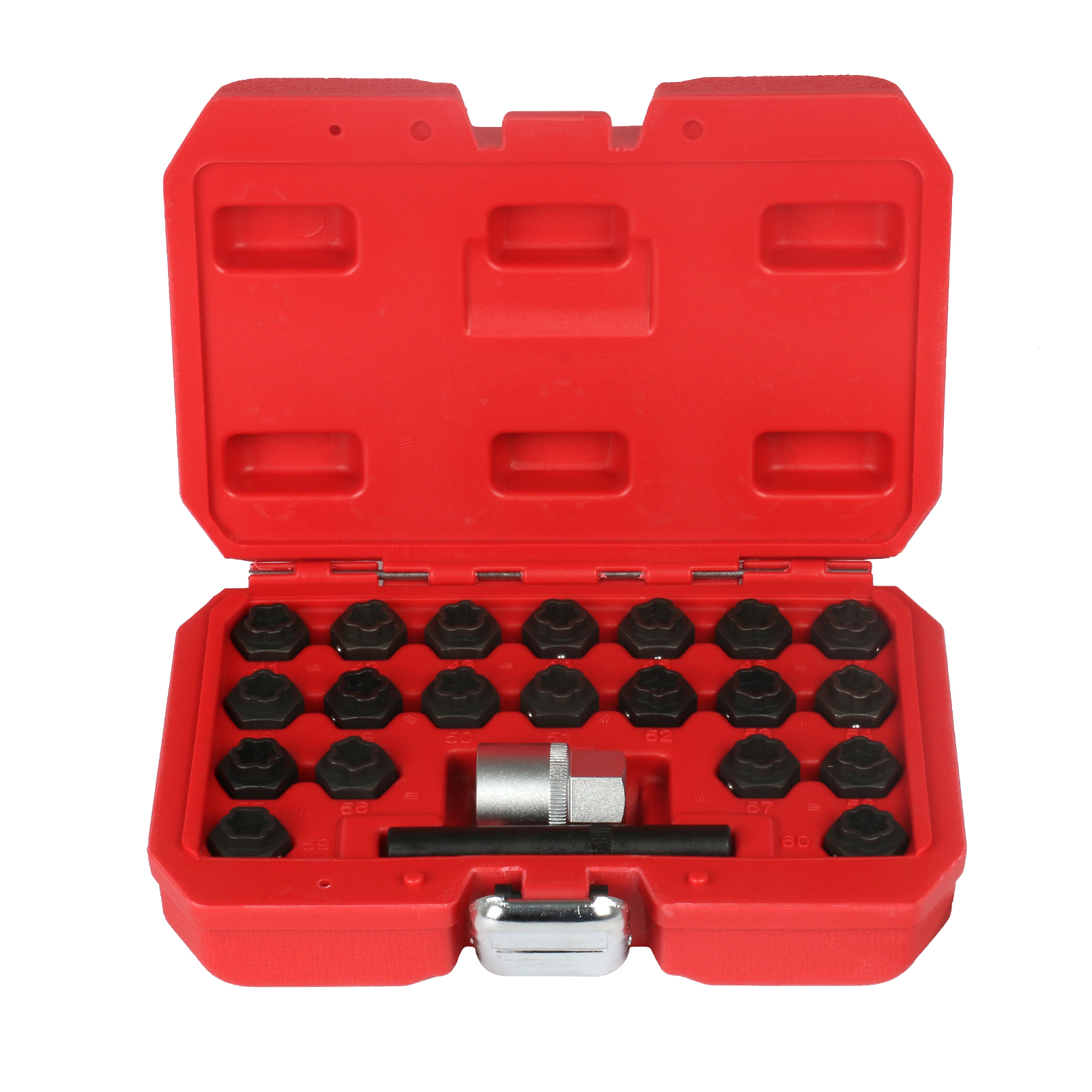 MRCARTOOL BMW wheel lock key set in an open red storage case with socket and extension bar