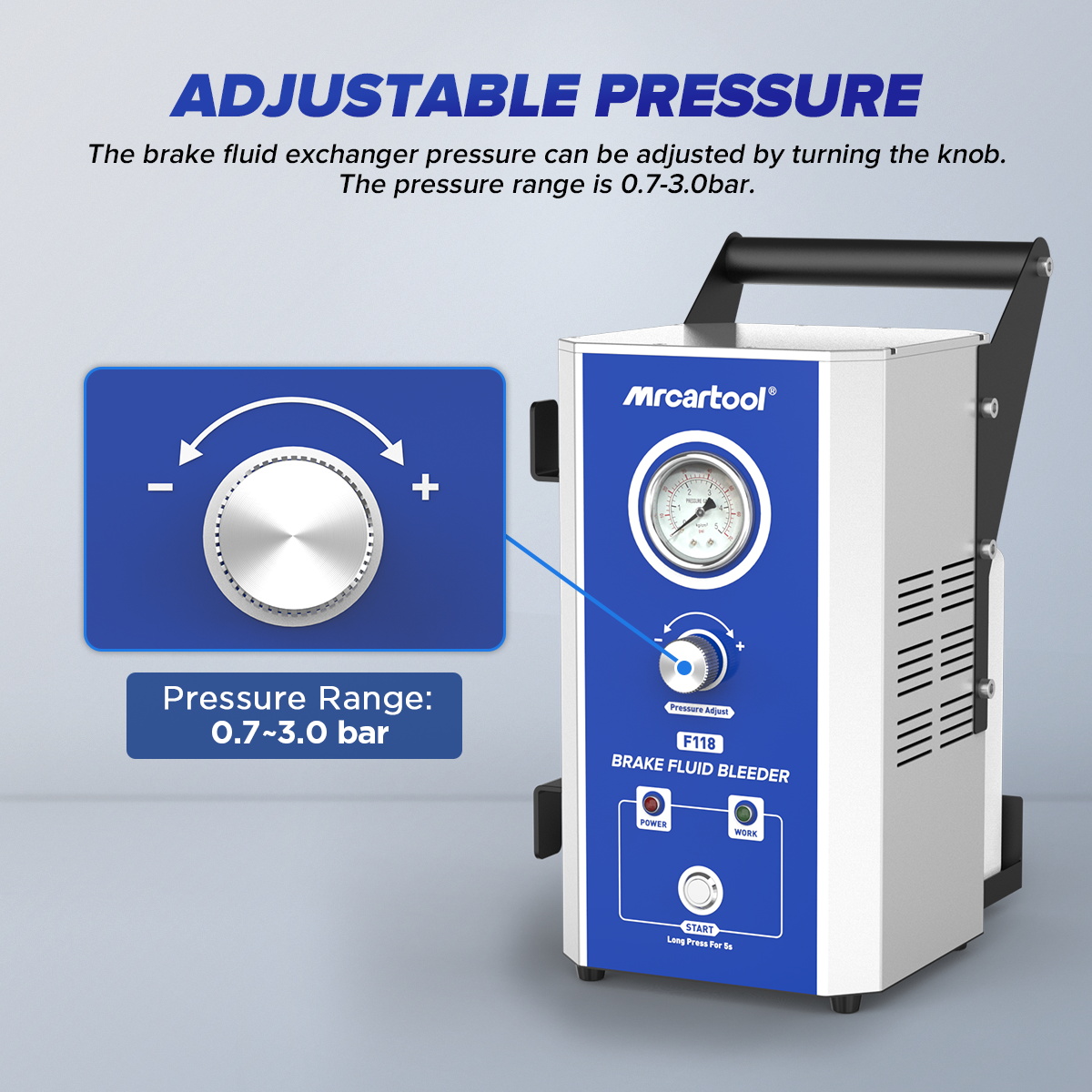 MRCARTOOL F118 front panel with pressure gauge and pressure adjustment knob
