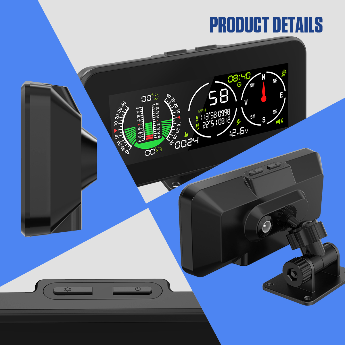 MRCARTOOL M60 front display, side profile, top buttons and adjustable rear holder