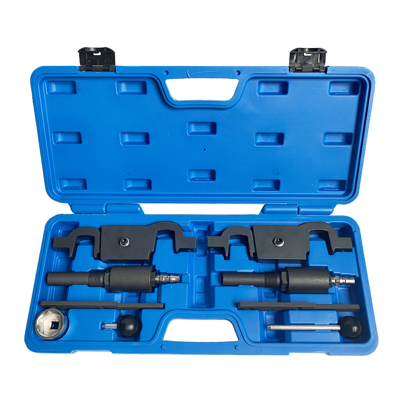 Porsche timing tool set stored in a blue fitted carrying case