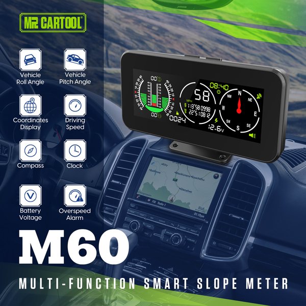 MRCARTOOL M60 GPS Inclinometer HUD with Compass for Off-Road SUV Vehicles Car Smart Slope Meter Gauge