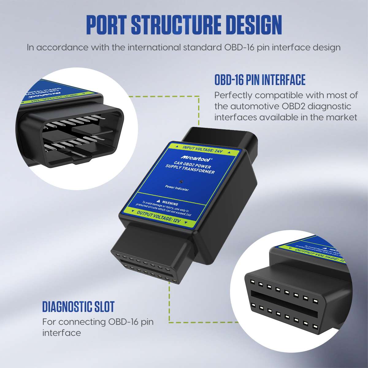 MRCARTOOL 24 V to 12 V OBD2 adapter showing the OBD 16-pin male plug and the female diagnostic slot