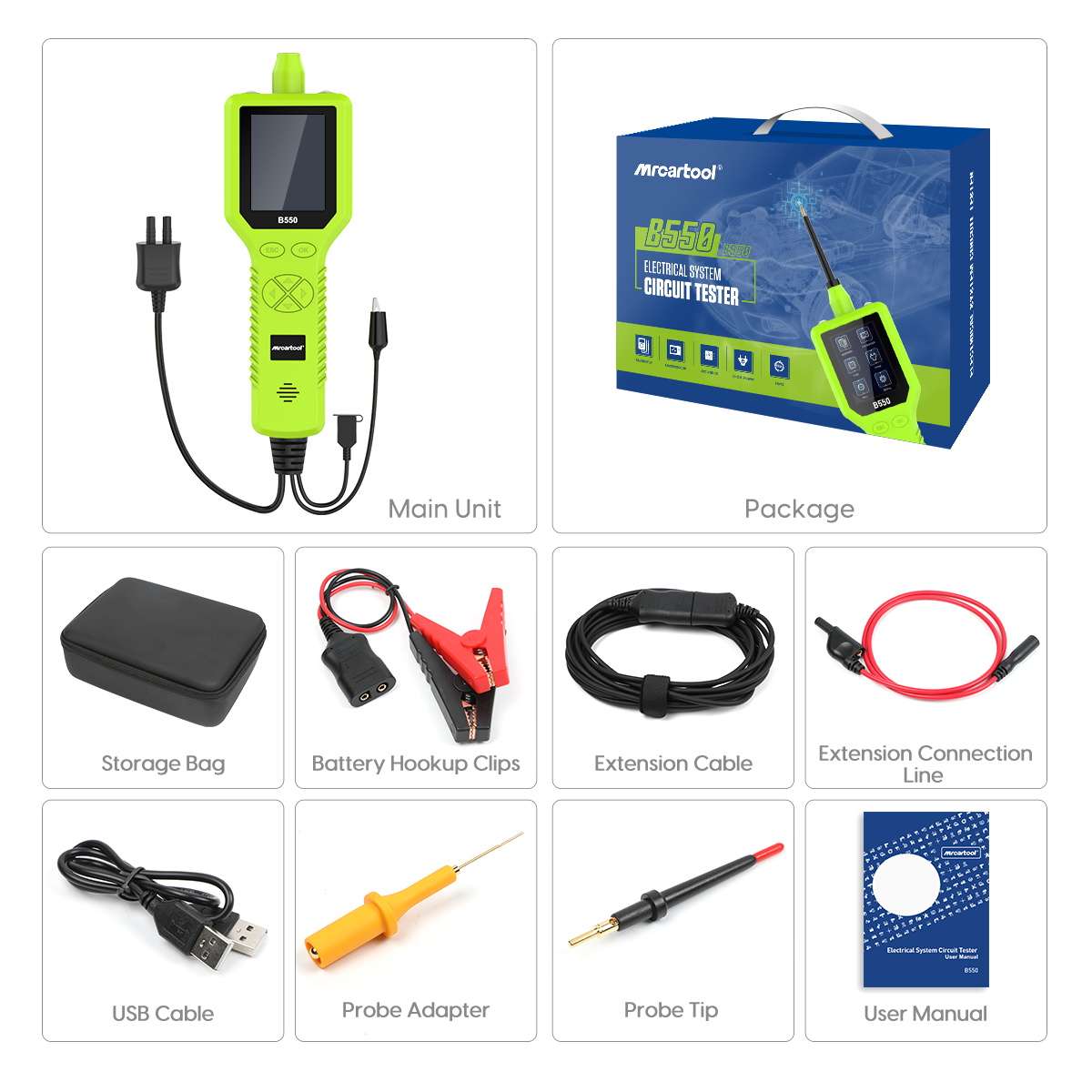 MRCARTOOL B550 main unit, storage bag, battery clips, extension cables, USB cable, probe adapter, probe tip and user manual