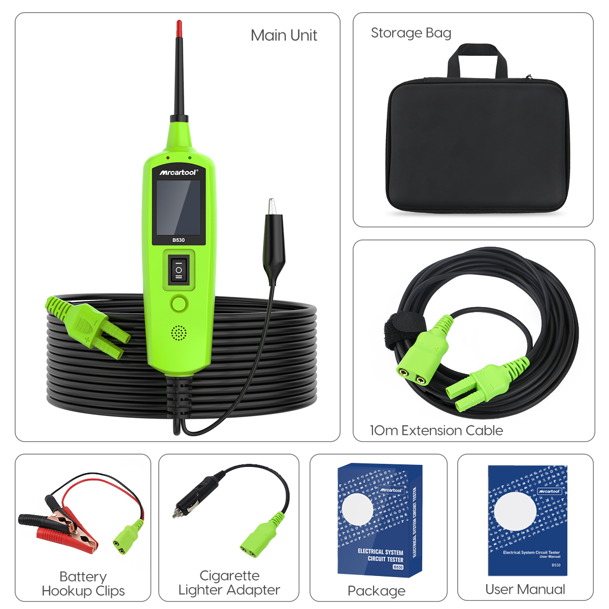 B530 main unit, extension cable, battery clips, cigarette lighter adapter, storage bag and manual