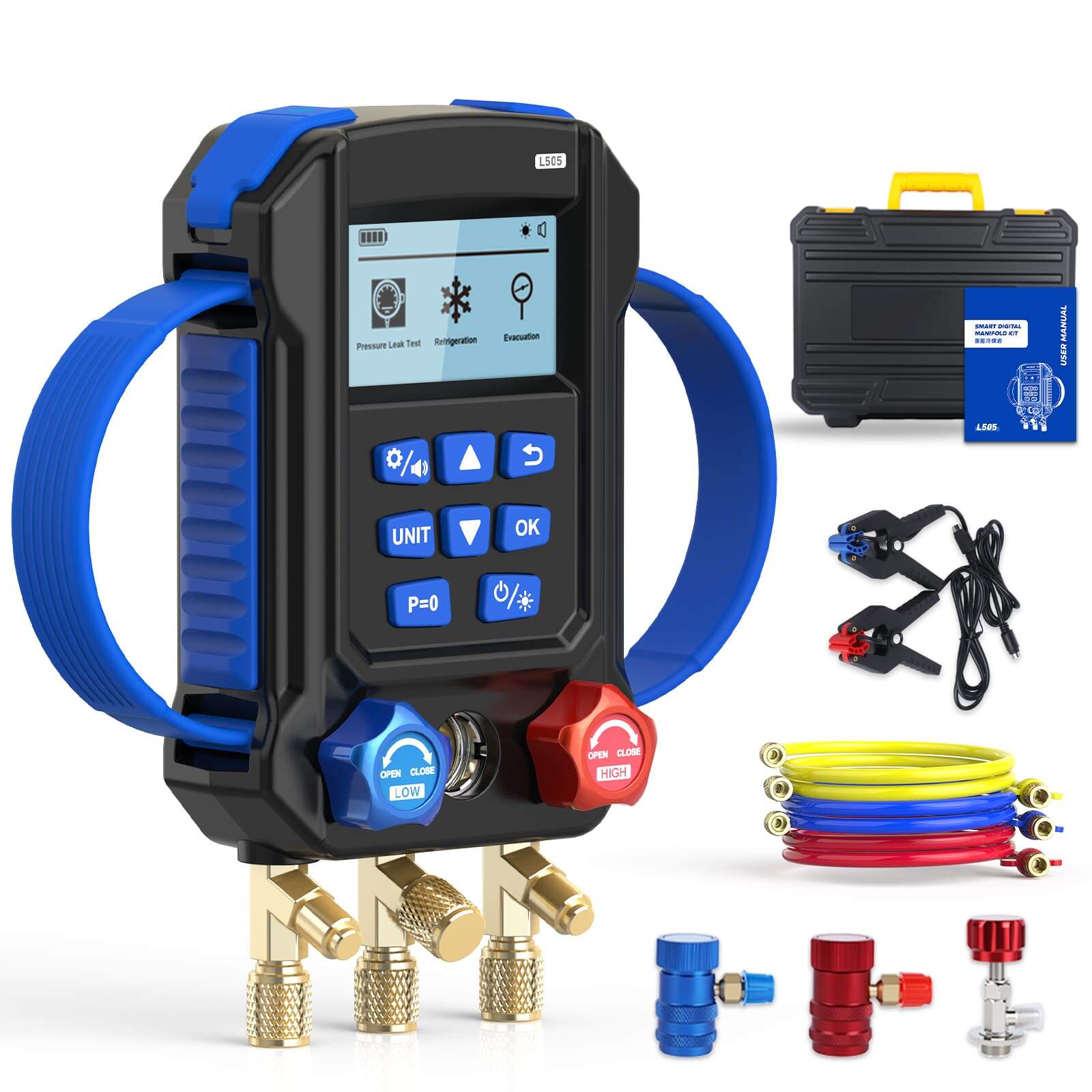 MRCARTOOL L505 manifold gauge with carrying case, user manual, temperature clamps, blue, yellow and red hoses and quick couplers