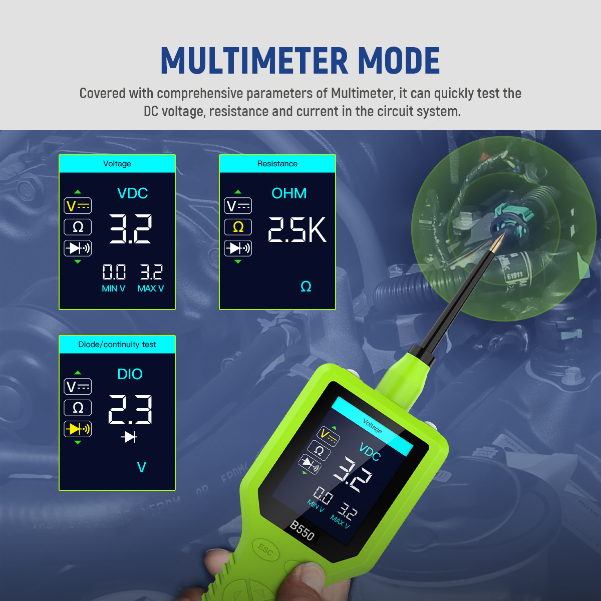 MRCARTOOL B550 multimeter screens for DC voltage, resistance and diode tests