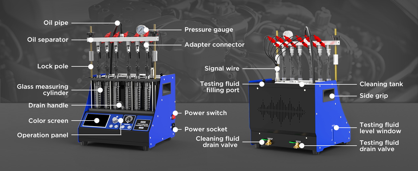 MRCARTOOL V311 front and rear views with labeled pressure gauge, glass measuring cylinders, cleaning tank, drain valves and power socket