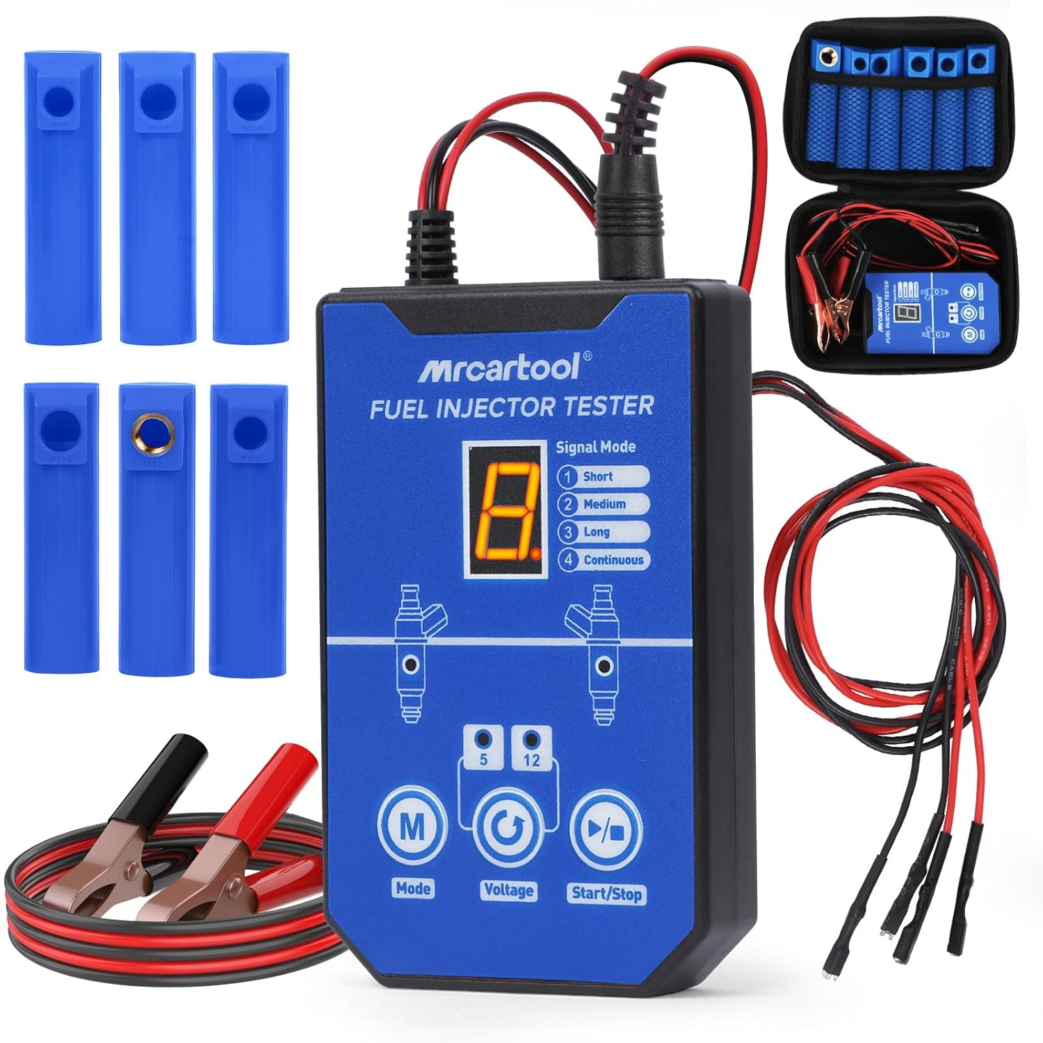 MRCARTOOL fuel injector tester with six nozzle adapters, battery clamps, test leads and zippered storage case