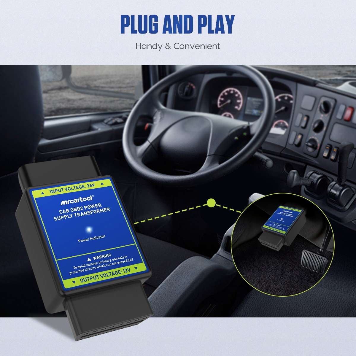 24 V to 12 V OBD2 adapter with lit power indicator, plugged into a truck's OBD port