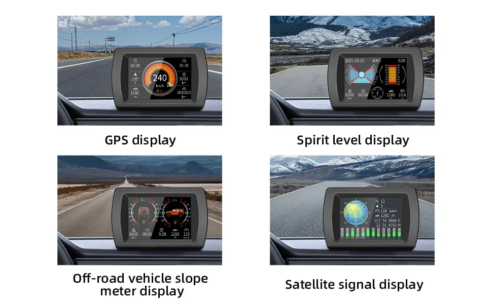 M85 GPS, spirit level, off-road slope meter and satellite signal displays on a dashboard