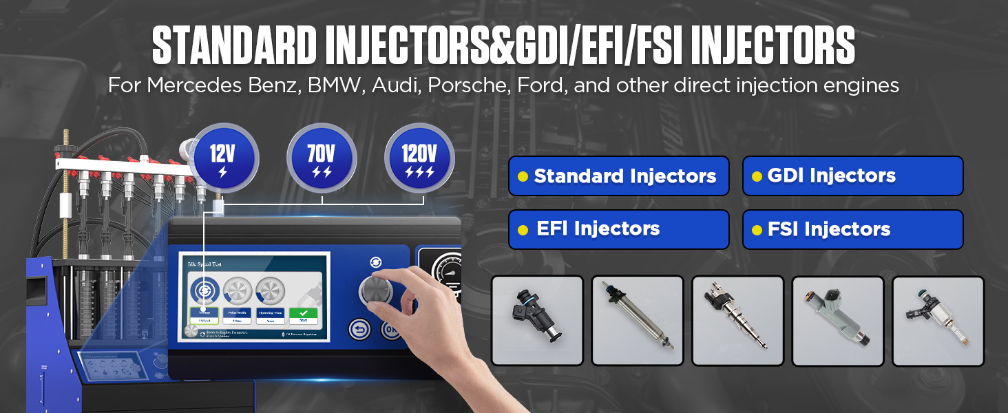 MRCARTOOL V311 control screen with 12V, 70V and 120V settings and examples of standard, GDI, EFI and FSI injectors