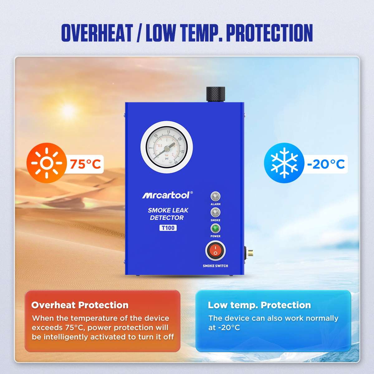 MRCARTOOL T100 overheat protection at 75°C and low-temperature operation at -20°C
