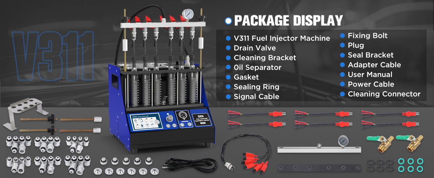 MRCARTOOL V311 machine with adapters, signal cables, fuel rail with gauge, drain valves, seals and power cable