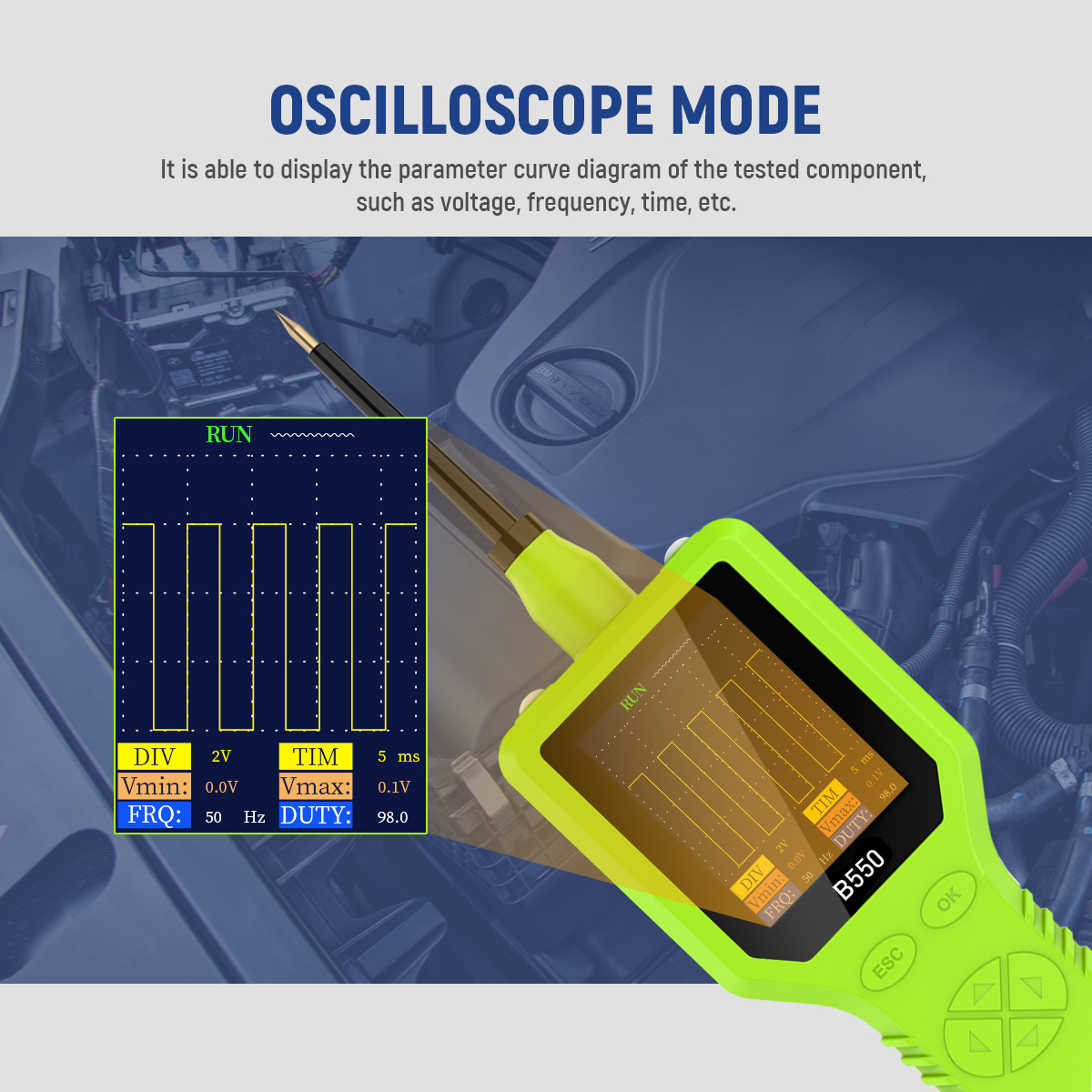 MRCARTOOL B550 oscilloscope mode showing a square-wave signal