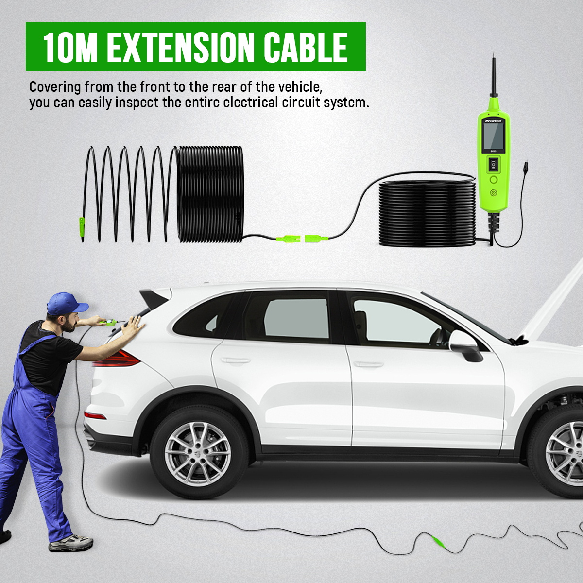 Technician using the B530 at the rear of an SUV with the 10 m extension lead