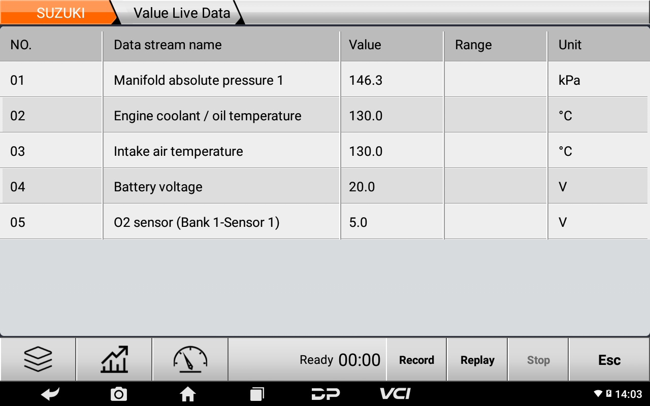 MS50 Suzuki live data screen with record and replay buttons