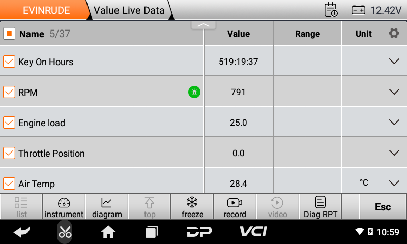 iScan Evinrude live data list with RPM, engine load and throttle position