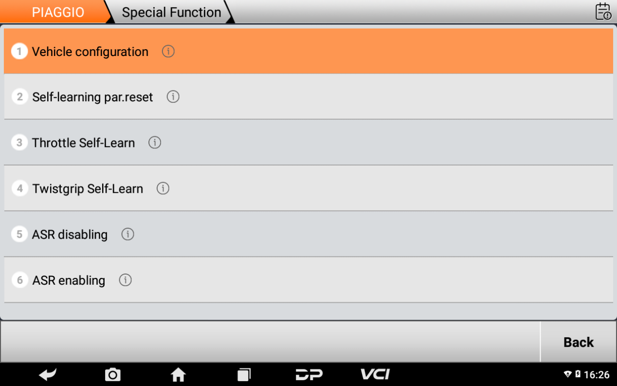 iScan Piaggio special function menu with vehicle configuration and self-learn procedures