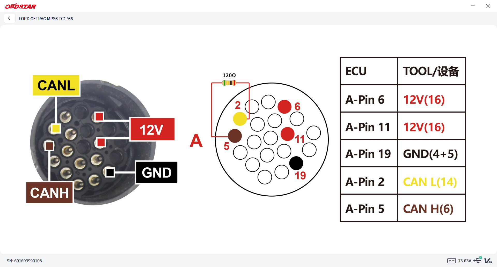 ECU MASTER connector pinout diagram showing power, ground and CAN wiring for a Getrag MPS6 TCM