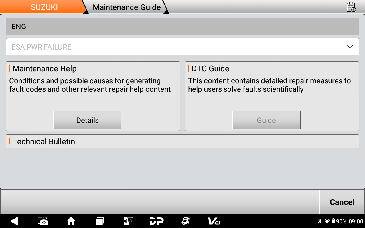 MarineMaster maintenance guide screen with maintenance help, DTC guide and technical bulletin for a Suzuki fault code