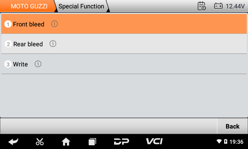 iScan Moto Guzzi special function menu with front bleed, rear bleed and write
