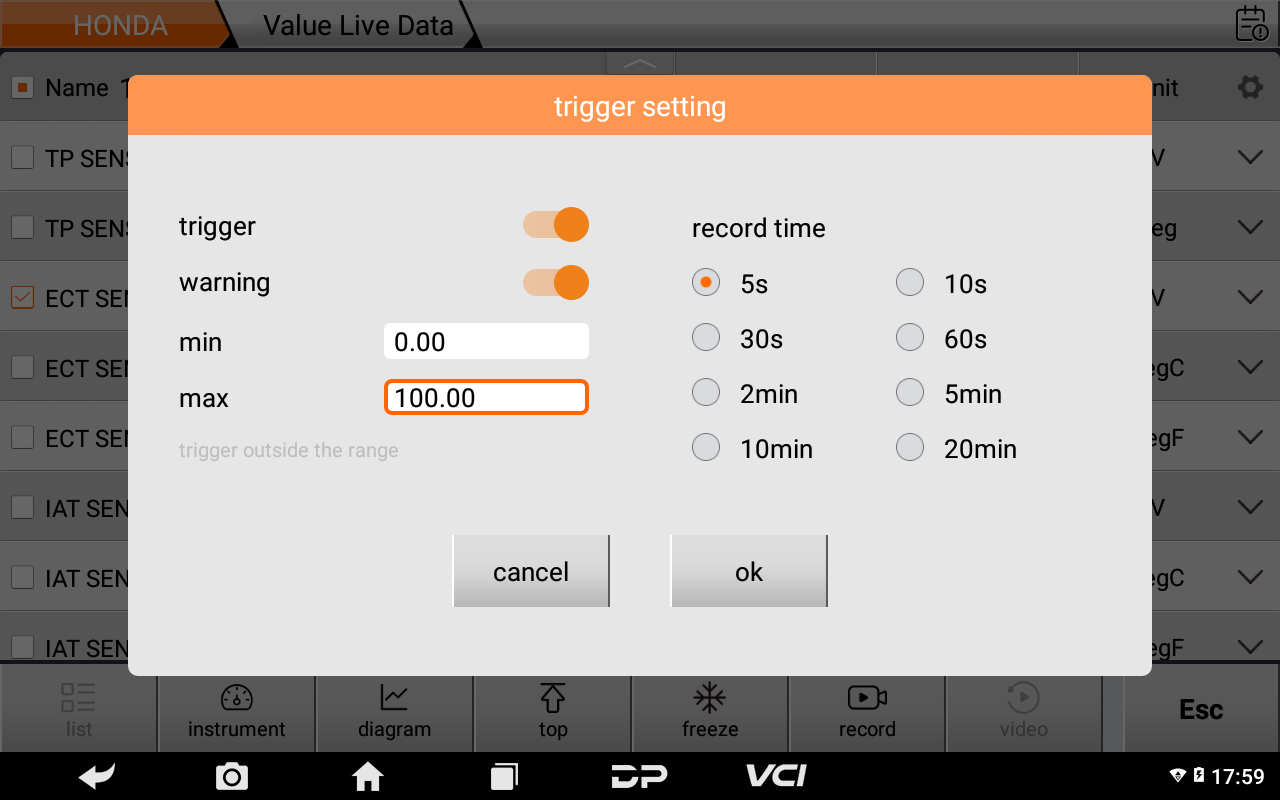 D800 live data trigger and record time settings
