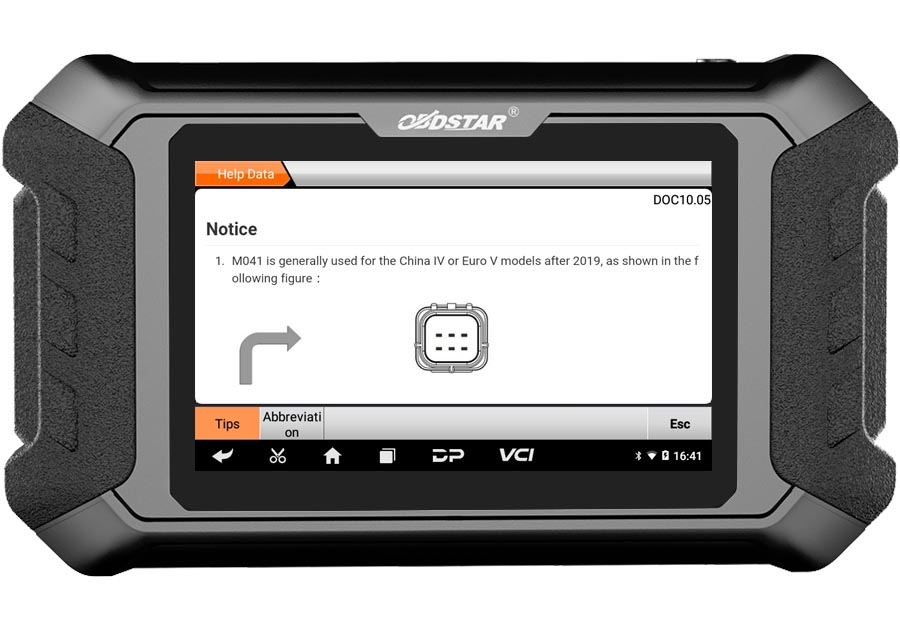 iScan Ducati help data screen describing M041 connector use