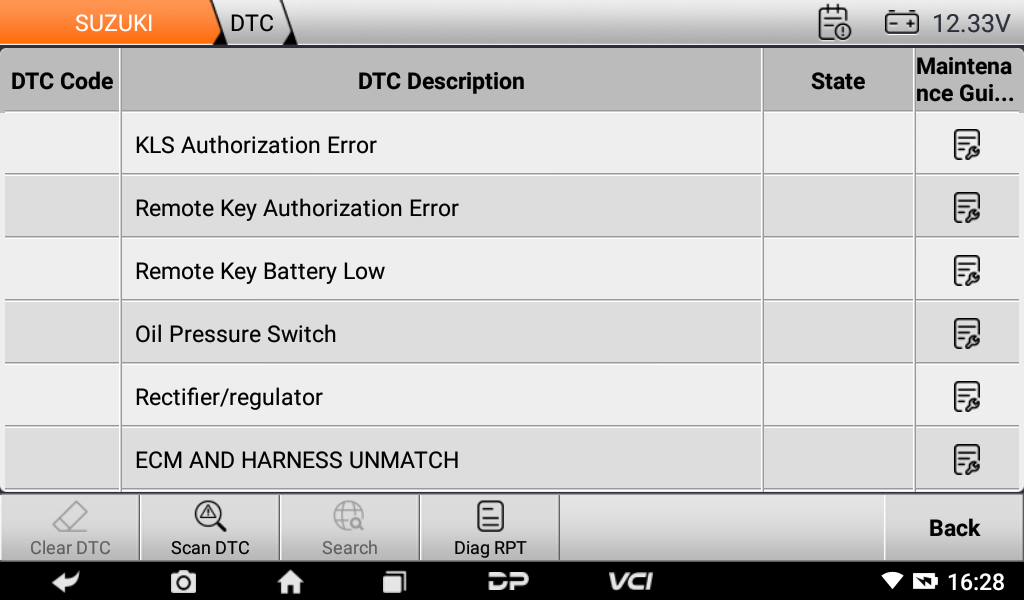 D700 DTC screen listing Suzuki outboard fault codes with maintenance guide buttons