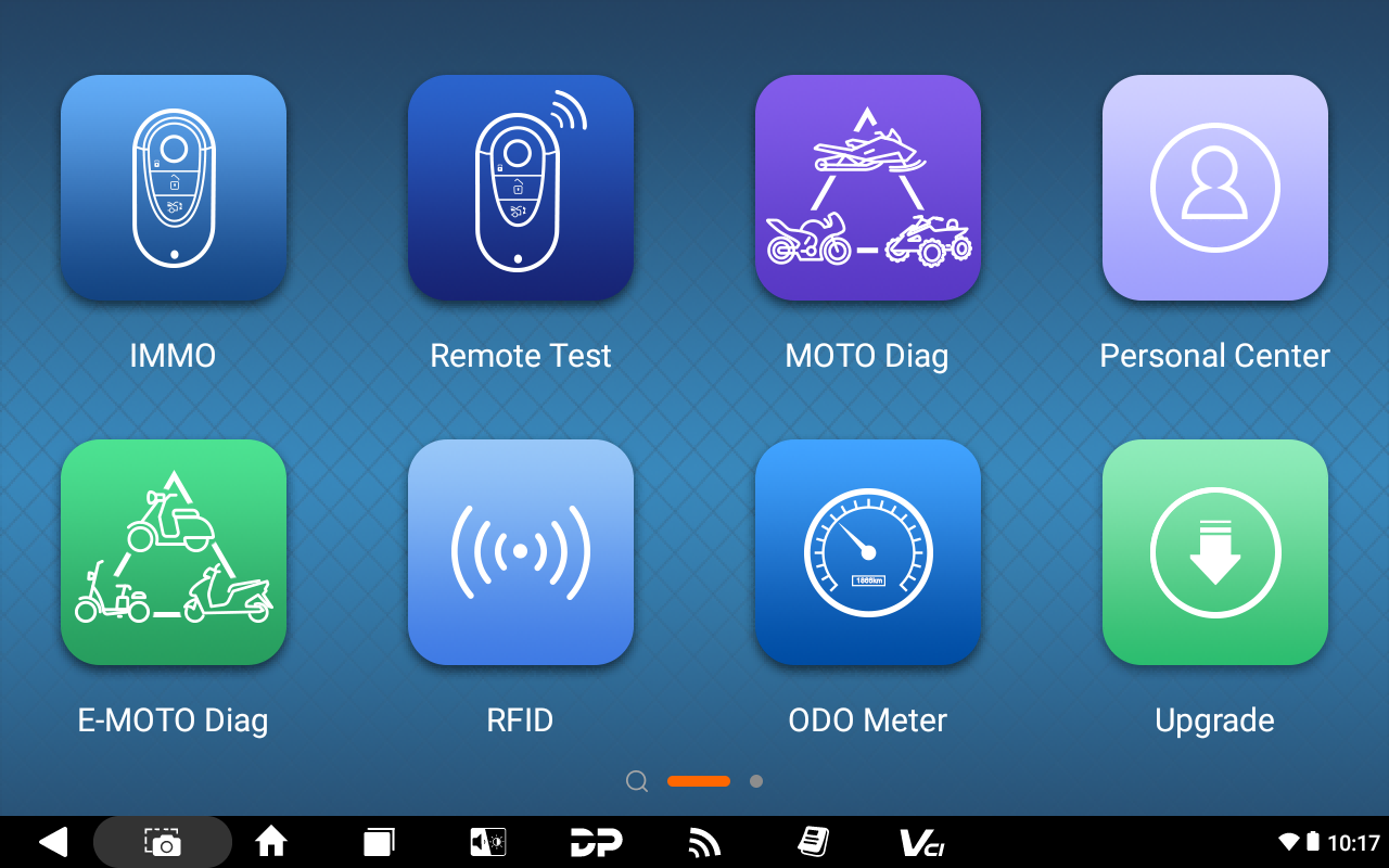 MOTOMASTER home screen with IMMO, Remote Test, MOTO Diag, E-MOTO Diag, RFID and ODO Meter apps