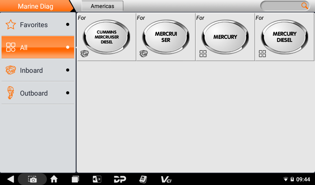 iScan PRO Marine Diag brand menu with Cummins MerCruiser Diesel, MerCruiser, Mercury and Mercury Diesel